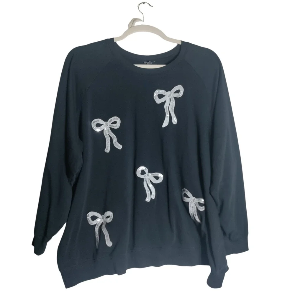 Torrid‎ Womens Plus Size 5 Black Sequin Bow Raglan Fleece Sweatshirt Pullover